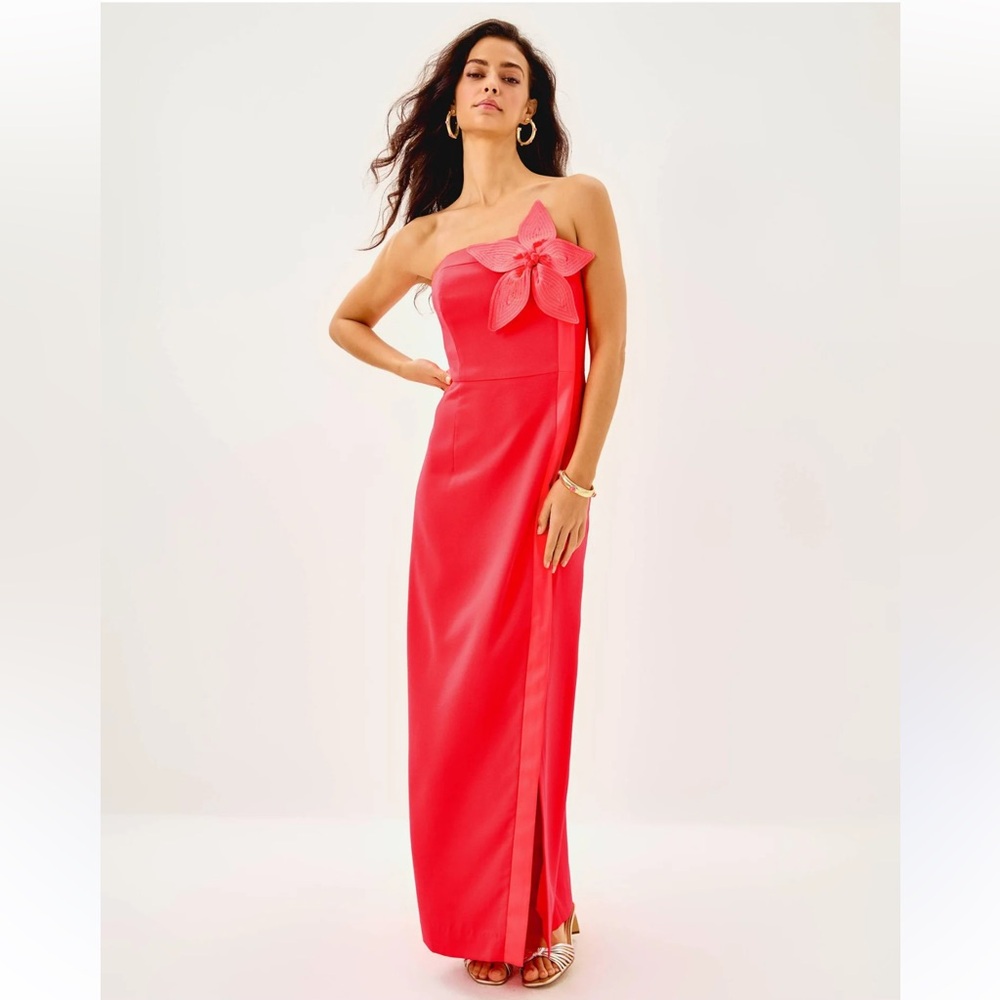 Lilly Pulitzer Anasophia Rosette Strapless Maxi Column Dress Size 2 Cane Coral